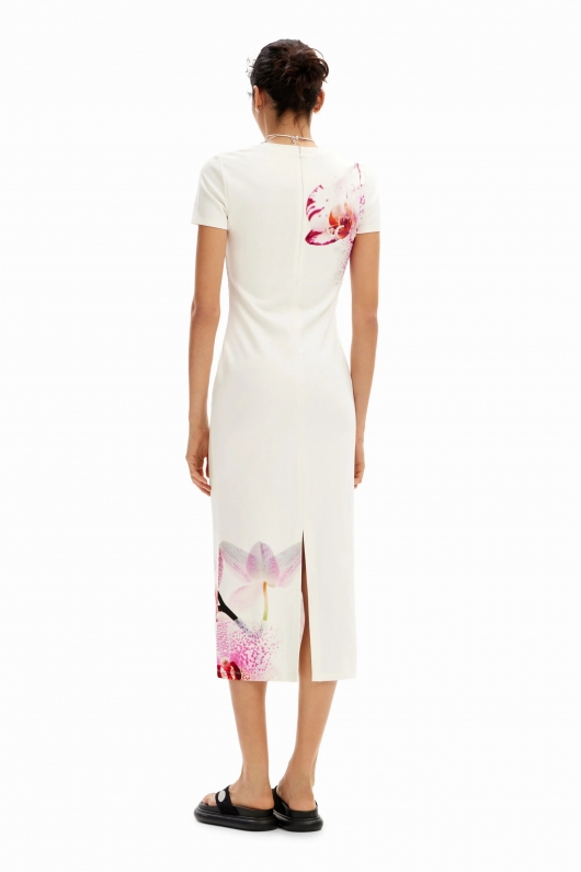 Rochie midi albă mulată cu print orhidee