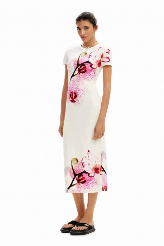Rochie midi albă mulată cu print orhidee