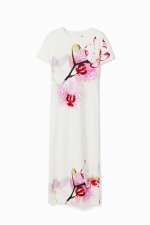 Rochie midi albă mulată cu print orhidee