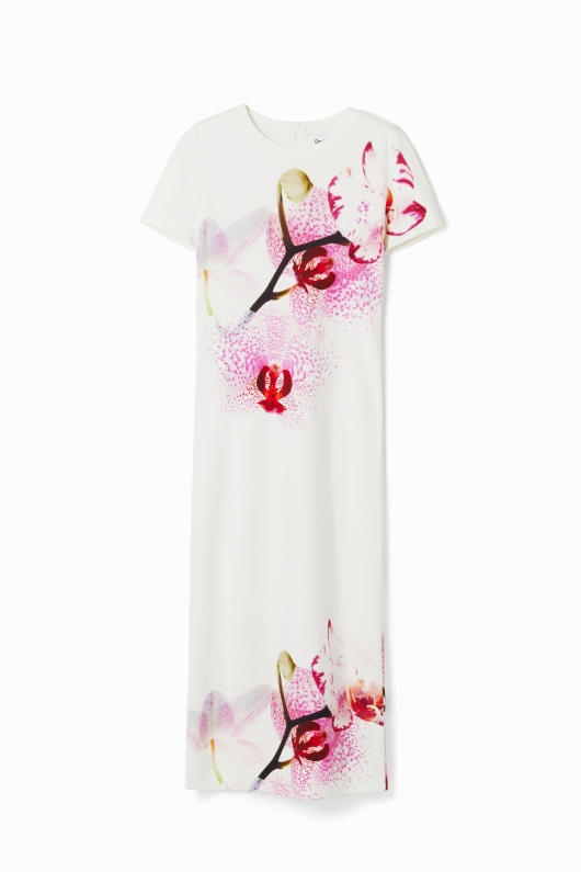 Rochie midi albă mulată cu print orhidee