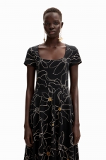 Rochie midi neagră cu imprimeu floral și mâneci scurte