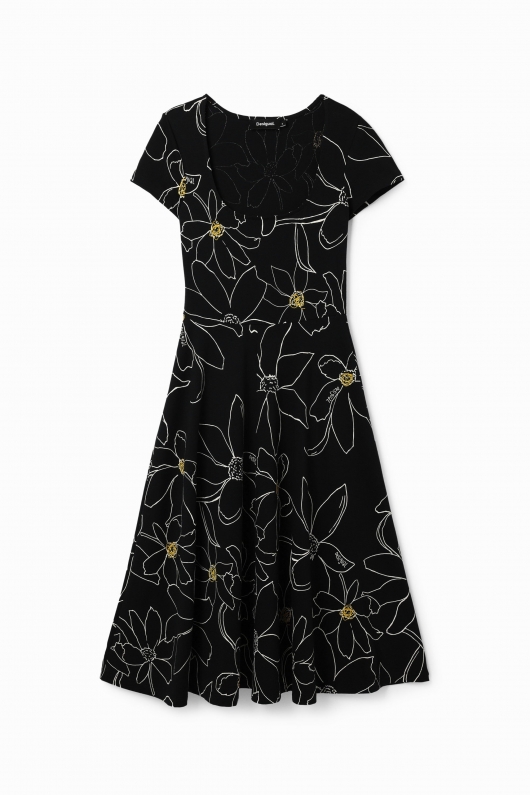 Rochie midi neagră cu imprimeu floral și mâneci scurte