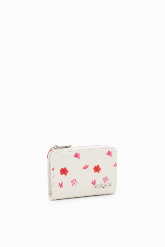 Portofel mic crem cu print floral și fermoar