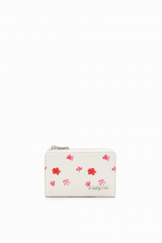 Portofel mic crem cu print floral și fermoar