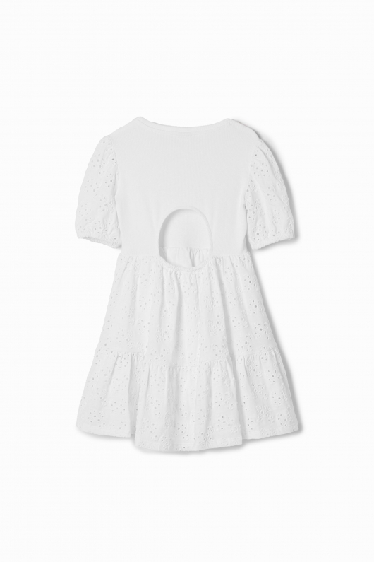 Rochie albă scurtă cu broderie și mâneci bufante