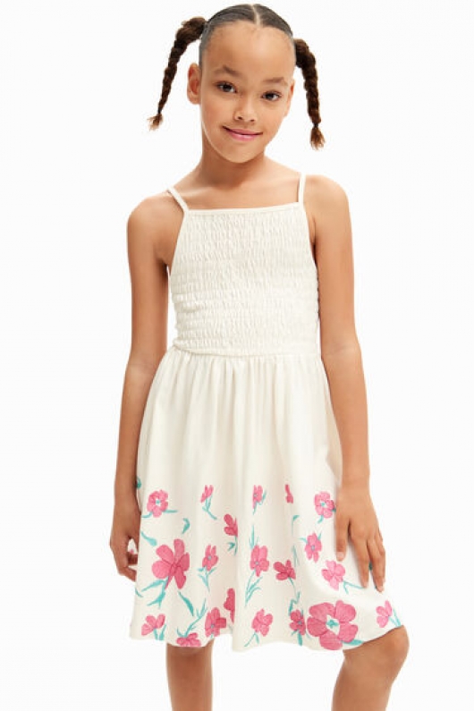 Rochie scurtă albă cu bretele și broderie florală
