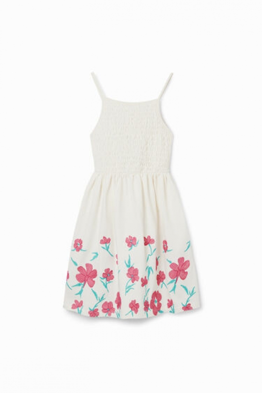 Rochie scurtă albă cu bretele și broderie florală