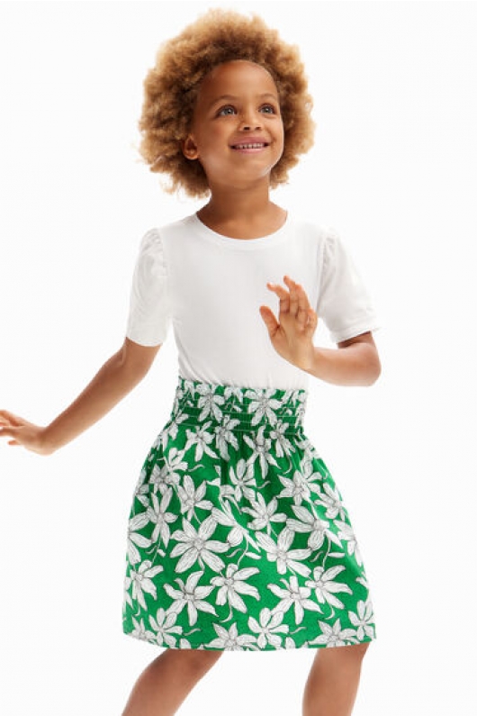 Rochie albă scurtă cu print floral verde