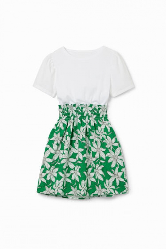 Rochie albă scurtă cu print floral verde