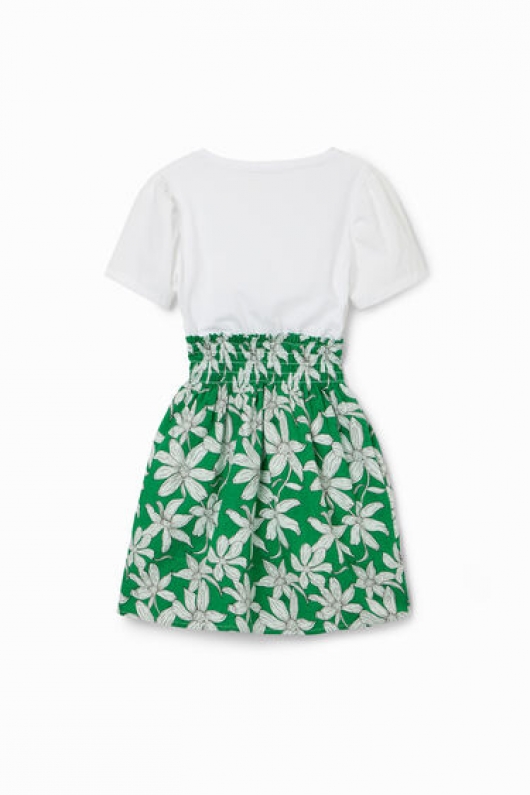 Rochie albă scurtă cu print floral verde