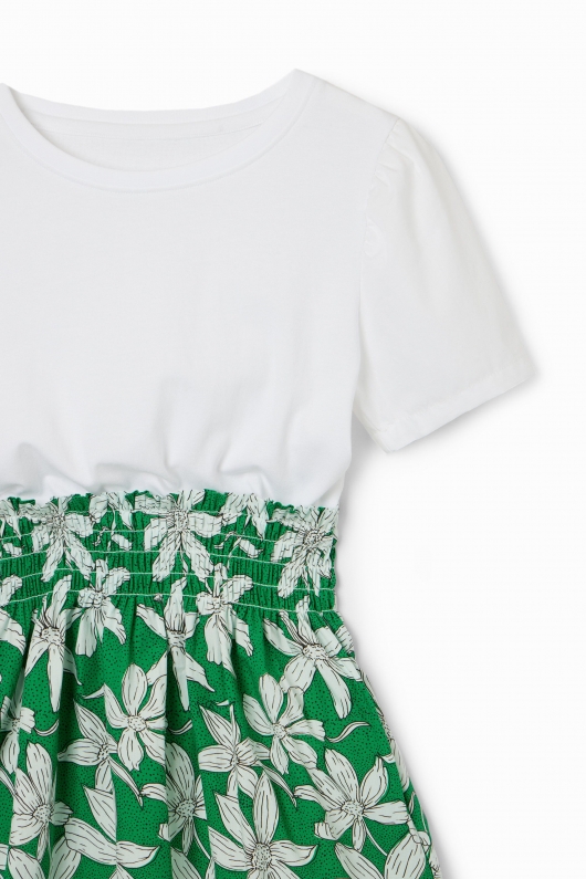 Rochie albă scurtă cu print floral verde