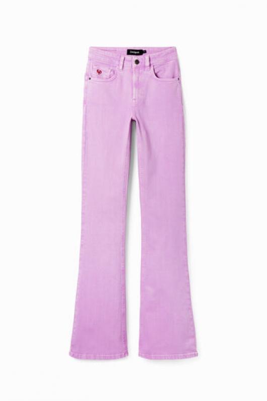 Pantaloni denim lila skinny evazați satinati