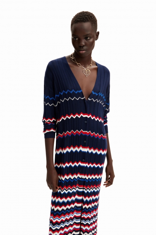 Cardigan lung navy cu design ondulat lucios