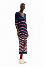 Cardigan lung navy cu design ondulat lucios