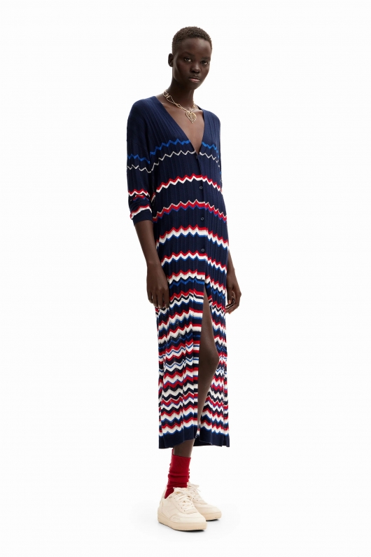 Cardigan lung navy cu design ondulat lucios