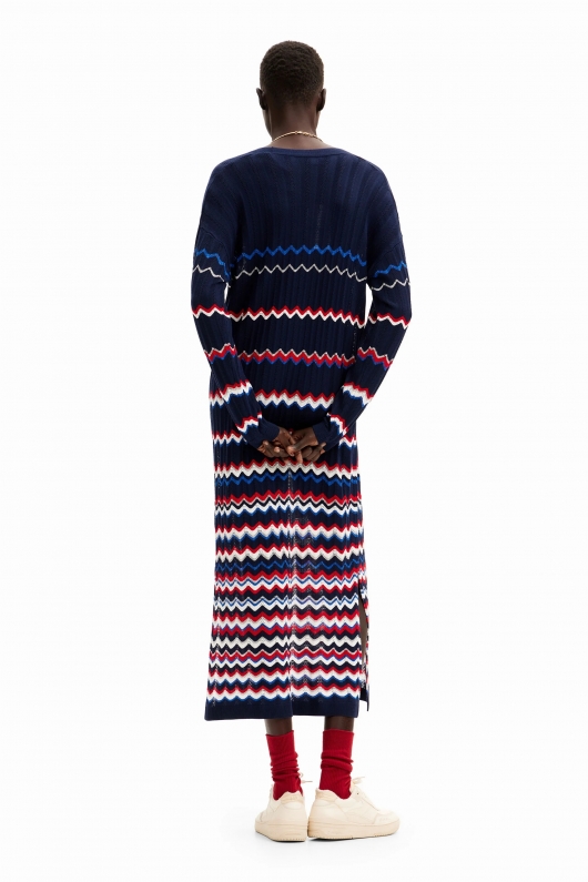 Cardigan lung navy cu design ondulat lucios