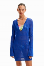 Rochie scurtă albastră tricot cu decupaje geometrice