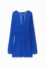 Rochie scurtă albastră tricot cu decupaje geometrice