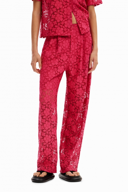 Pantaloni fucsia din dantelă florală casual