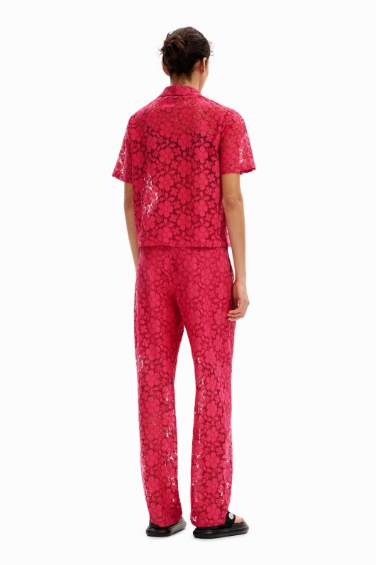 Pantaloni fucsia din dantelă florală casual