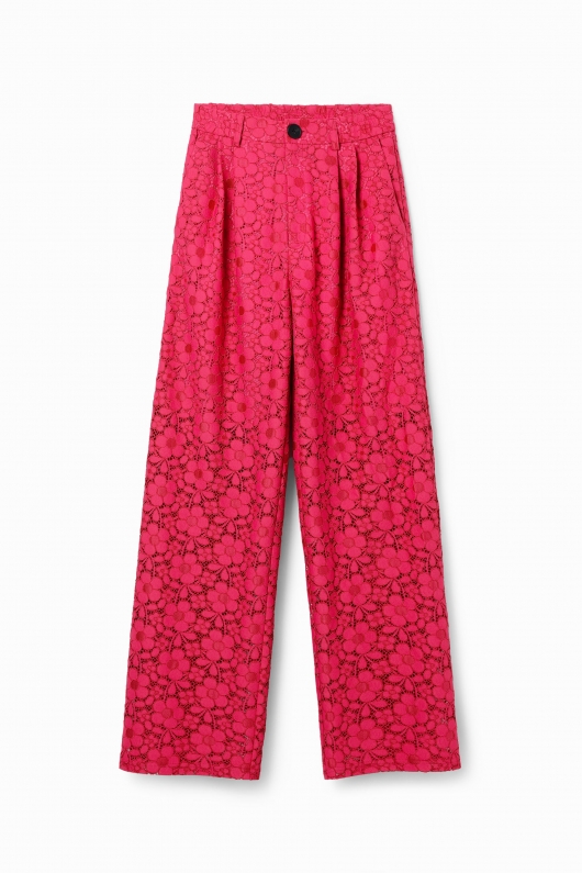 Pantaloni fucsia din dantelă florală casual