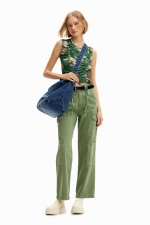 Top verde floral fără mâneci cu șnur ajustabil