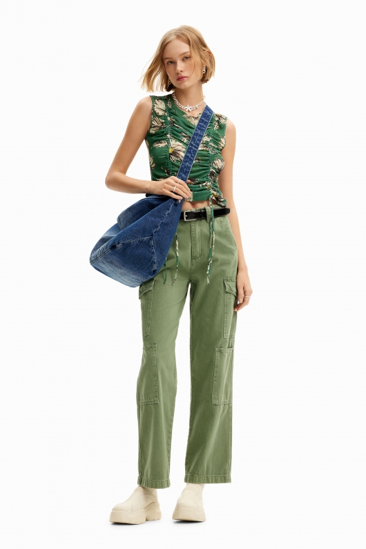 Top verde floral fără mâneci cu șnur ajustabil