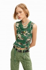 Top verde floral fără mâneci cu șnur ajustabil