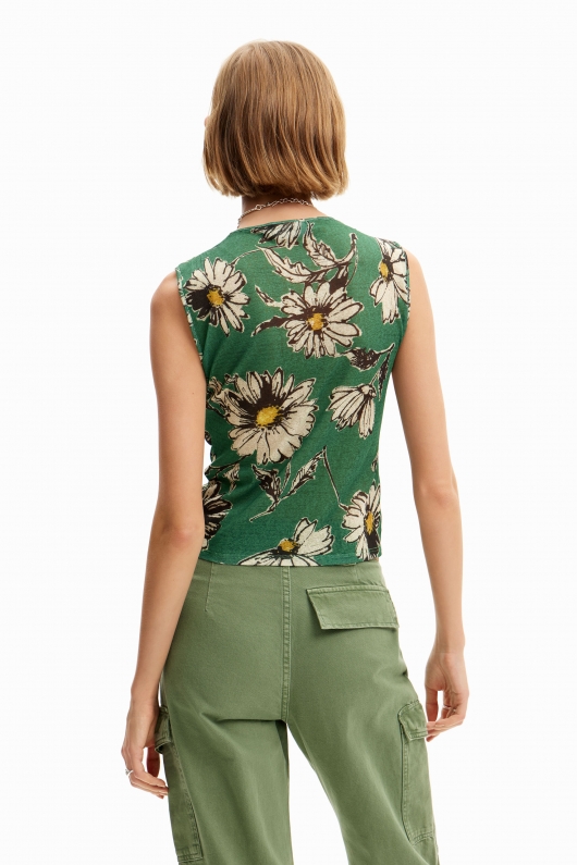 Top verde floral fără mâneci cu șnur ajustabil