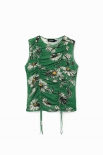 Top verde floral fără mâneci cu șnur ajustabil