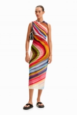 Rochie midi mulată din tulle cu imprimeu multicolor