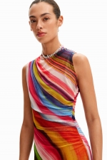 Rochie midi mulată din tulle cu imprimeu multicolor
