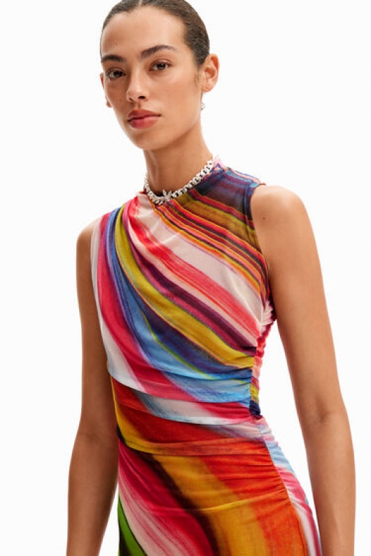 Rochie midi mulată din tulle cu imprimeu multicolor