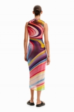 Rochie midi mulată din tulle cu imprimeu multicolor