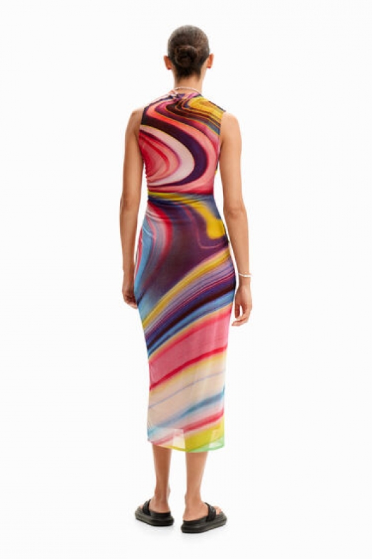 Rochie midi mulată din tulle cu imprimeu multicolor