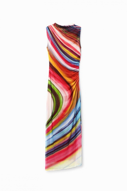 Rochie midi mulată din tulle cu imprimeu multicolor