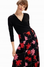 Rochie neagră midi cu print floral și cordon