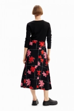Rochie neagră midi cu print floral și cordon
