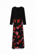 Rochie neagră midi cu print floral și cordon