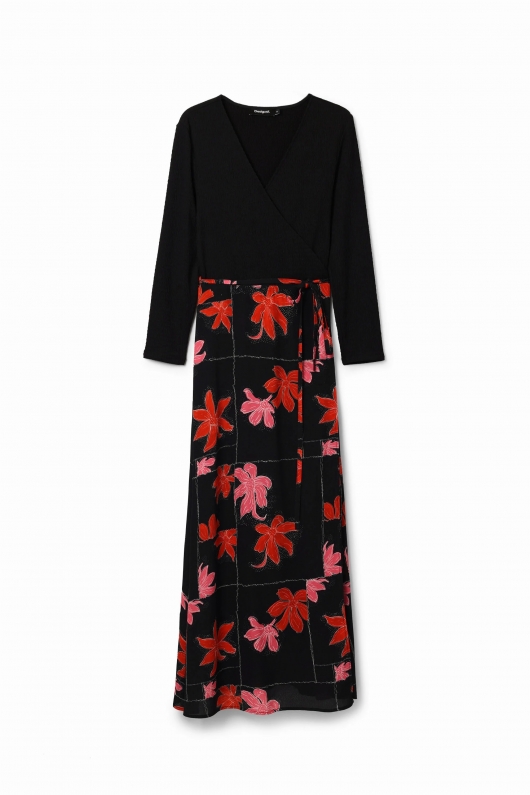Rochie neagră midi cu print floral și cordon
