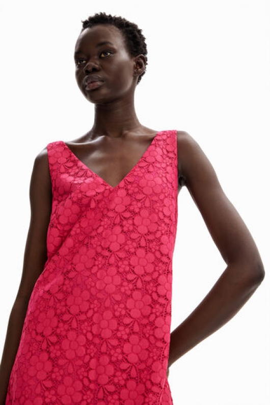 Rochie mini fucsia din dantelă florală