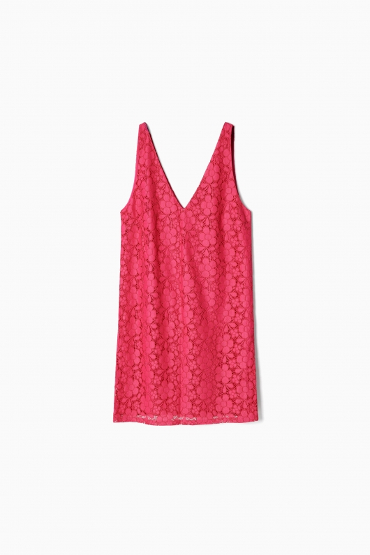 Rochie mini fucsia din dantelă florală