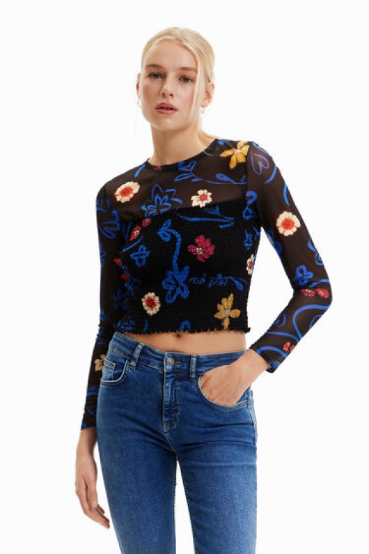 Bluză cropped neagră din tulle cu print floral