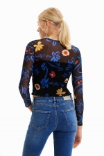 Bluză cropped neagră din tulle cu print floral