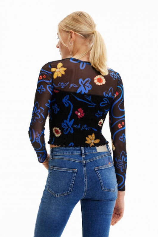 Bluză cropped neagră din tulle cu print floral