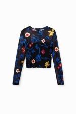 Bluză cropped neagră din tulle cu print floral