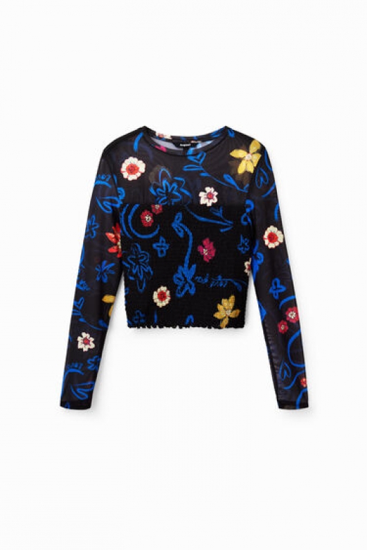 Bluză cropped neagră din tulle cu print floral