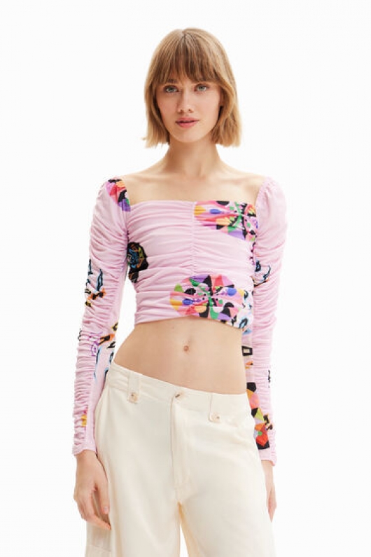 Bluză cropped roz cu imprimeu multicolor