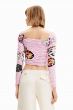 Bluză cropped roz cu imprimeu multicolor