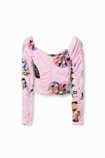 Bluză cropped roz cu imprimeu multicolor